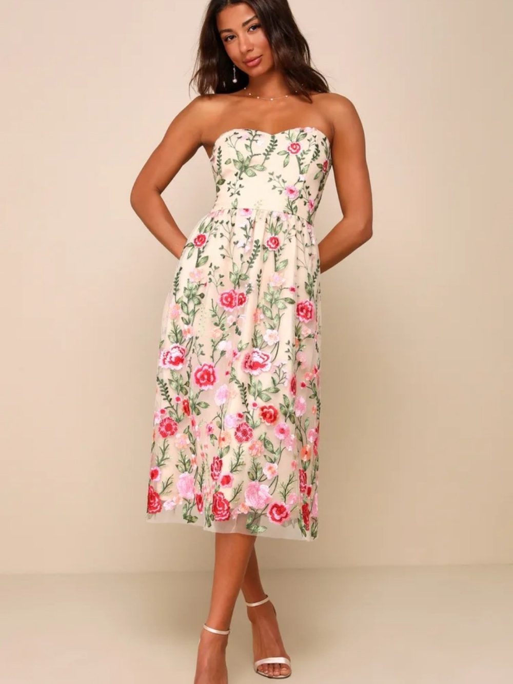 Lulu's Endless Praise Beige Floral Embroidered Strapless Midi Dress